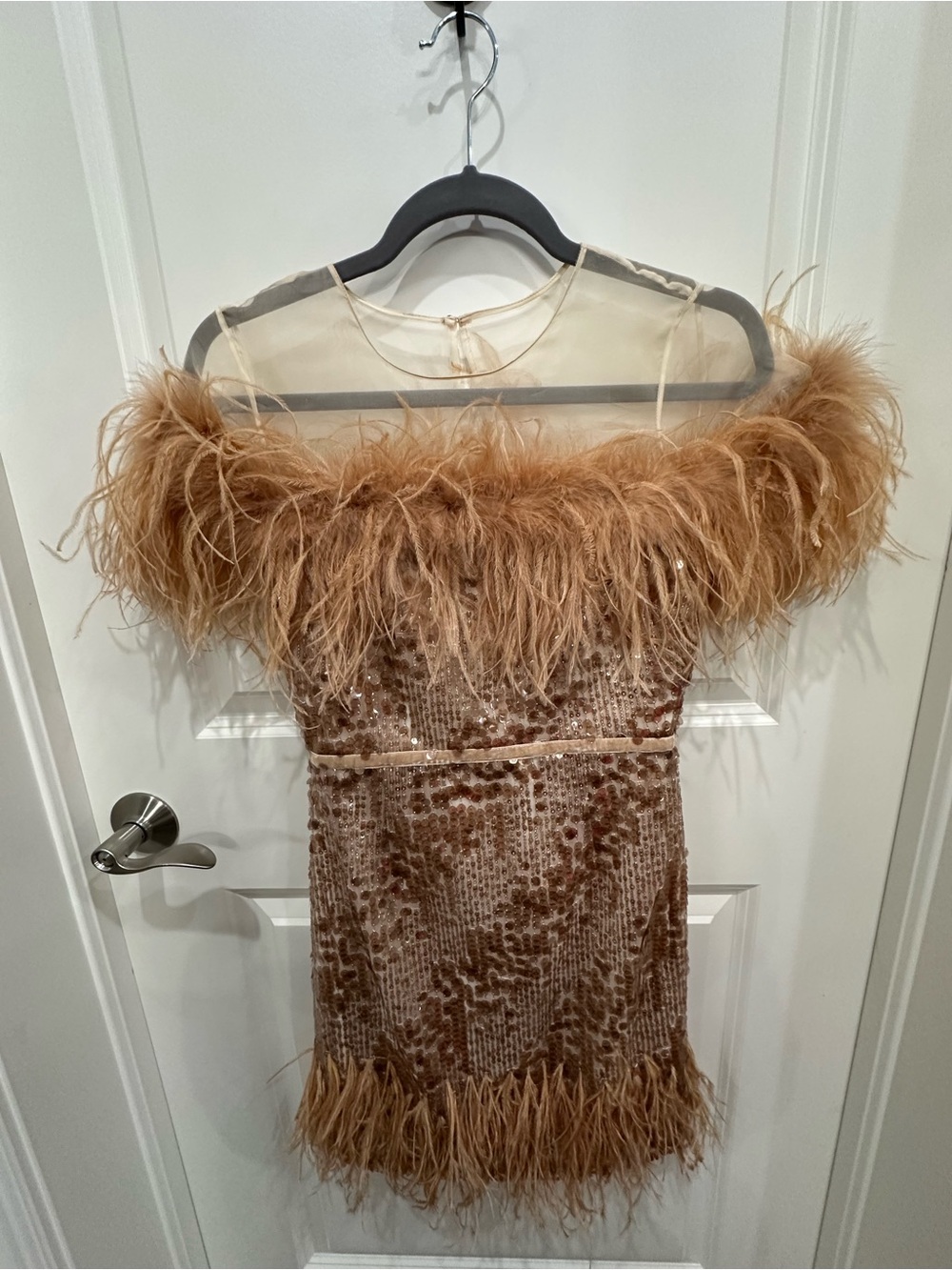 New! ANTONIO MELANI Tan Feather-Trim Sequin Cocktail Dress